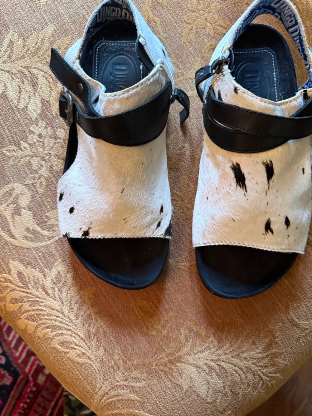 dingo Black and White Cowhide Slide Sandals with Buckle